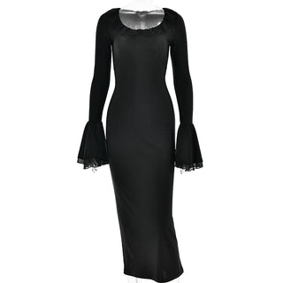 Ruffle long flared sleeve u neck solid midi dress - Final Sale