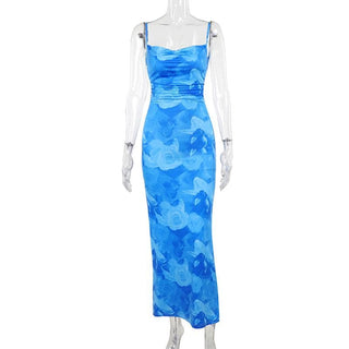 Cowl neck contrast print backless lace up cami maxi dress