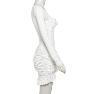 Long sleeve u neck ruched ruffle mini skirt set