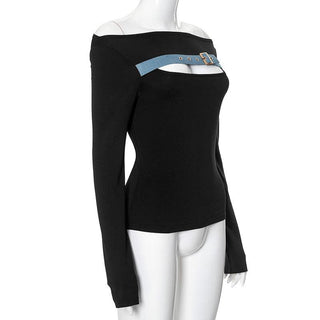 Long sleeve off shoulder buckle hollow out contrast cut out top