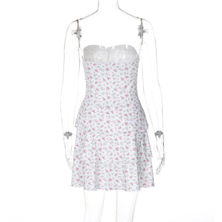 Print sweetheart neck rose applique ruched tube mini dress