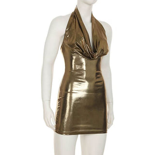 Halter cowl neck metallic backless mini dress
