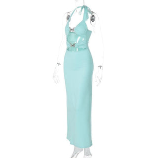 Halter metal butterfly hollow out cut out maxi dress
