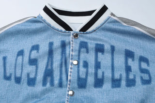 Long sleeve denim letter print patchwork button top