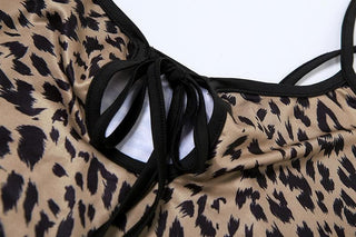 Leopard print hollow out backless cami cut out maxi dress