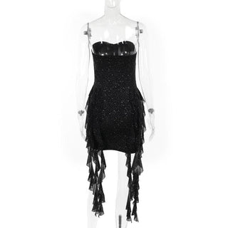 Ruffle ruched beaded sweetheart neck tube mini dress