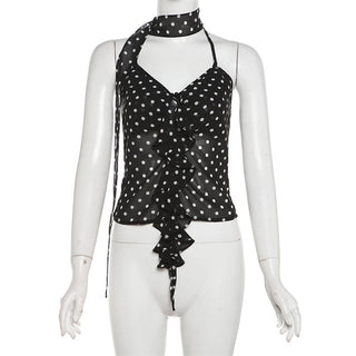Halter polka dot ruffle chiffon 2 piece see through top