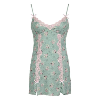 Lace hem bowknot print mesh slit cami mini dress