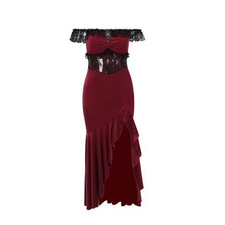 Off shoulder lace hem slit velvet metal applique ruched maxi dress