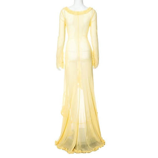 Long sleeve ruffle hollow out v neck sheer mesh cut out maxi dress-final-sale