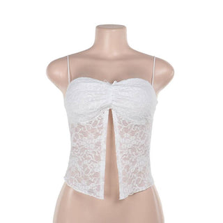 Lace slit ruched bowknot spaghetti strap top