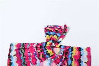 One shoulder irregular mesh print mini skirt set