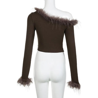 Feather irregular long sleeve ruched off shoulder crop top