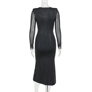 Polka dot contrast hollow out long sleeve mesh cut out midi dress