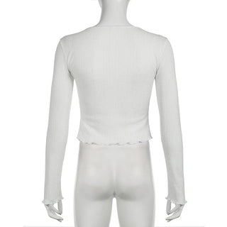 Long sleeve u neck button textured top