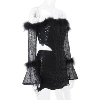 Long flared sleeve glitter feather off shoulder top