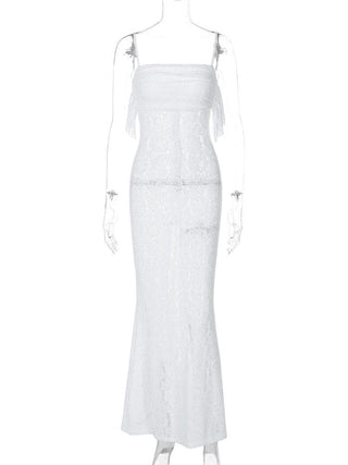 Lace ruched ruffle see through zip-up cami maxi dress