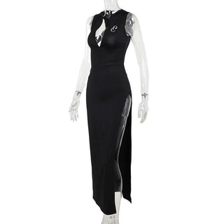 V neck print zip-up backless high slit tank maxi dress