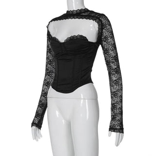 Long sleeve lace zip-up solid backless bustier patchwork top
