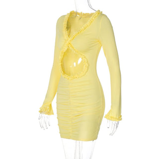 Long sleeve v neck hollow out ruffle cut out mini dress