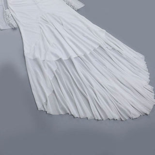 Hollow out long sleeve ruched ruffle mesh cut out maxi dress