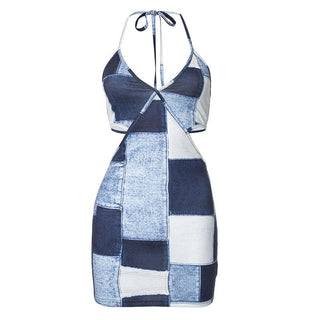 Halter patchwork denim hollow out cut out mini dress