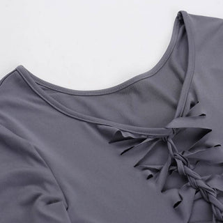 Long sleeve hollow out v neck self tie solid cut out top