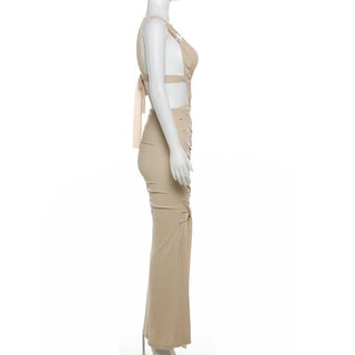 O ring textured hollow out self tie ruched tank cut out maxi dress-final-sale