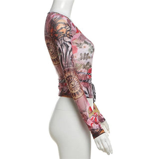 V neck long sleeve sheer mesh self tie print top