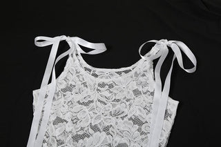 Sleeveless u neck lace bowknot knotted ribbon see through mini dress