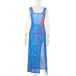 Sheer mesh flower print backless slit tank midi dress