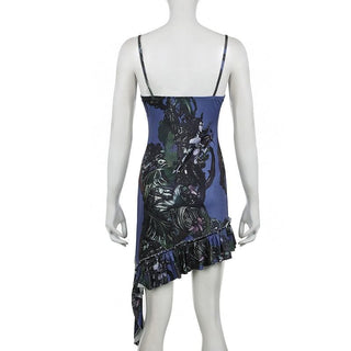 Lace hem v neck print backless cami mini dress