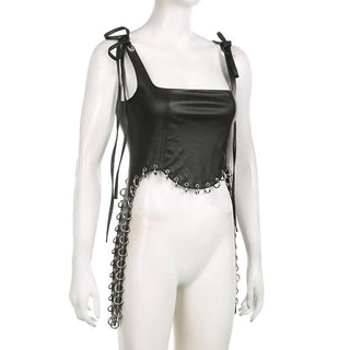 Square neck self tie PU leather o ring zip-up sleeveless crop top - Final Sale-final-sale