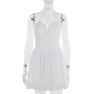 Halter lace up stitch lace backless mini dress