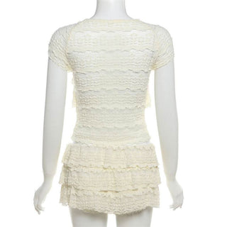 Crewneck ruffle lace ruched cap sleeve pant set