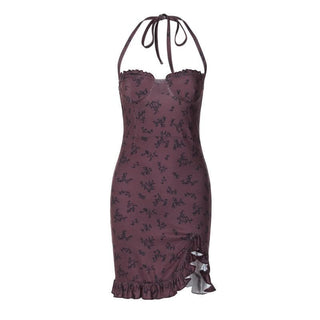 Halter print ruffle knotted backless mini dress