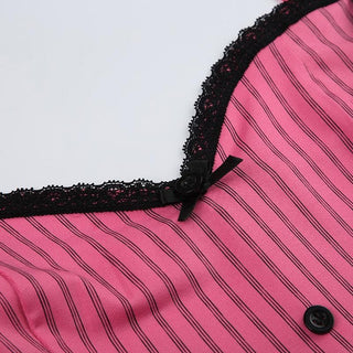 Button striped lace hem v neck contrast cami top