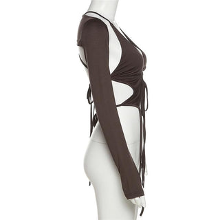Long sleeves V neck halter ruched solid 2 piece top
