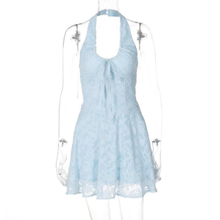 Halter textured knotted ruched button mini dress