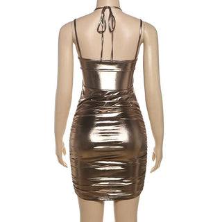 Metallic ruched glitter hollow out halter self tie cut out mini dress