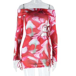 Long sleeve off shoulder hollow out print cut out mini dress