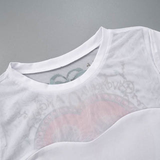 Crewneck short sleeve hollow out mesh print cut out top