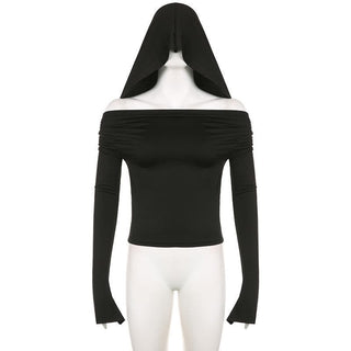 Cowl neck solid long flared sleeve hoodie 2-way top
