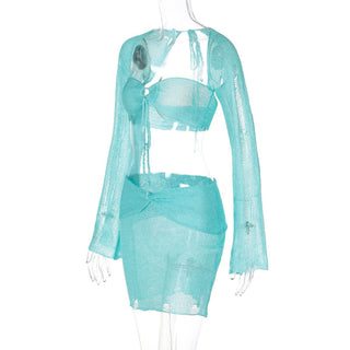 Long sleeve hollow out shrug 3 piece mini skirt set