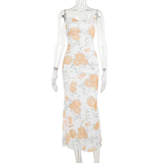 Mesh cowl neck flower print spaghetti strap midi dress