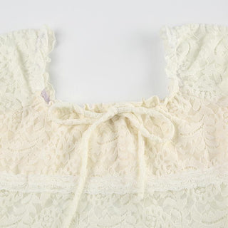 Cap sleeve square neck bowknot lace ruffle top