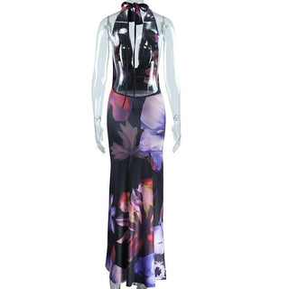 Halter cowl neck backless flower print maxi dress