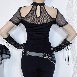 Short sleeve fishnet hollow out patchwork cut out top