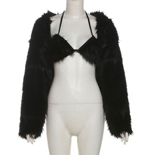 Long sleeve halter fluffy 2 piece coat top