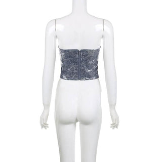 Glitter denim star pattern metal chain tube top